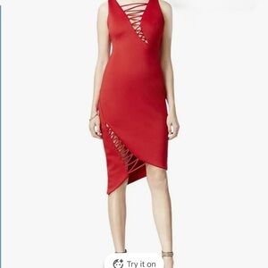 Guess Red Lace-Up Asymmetric Midi Dress